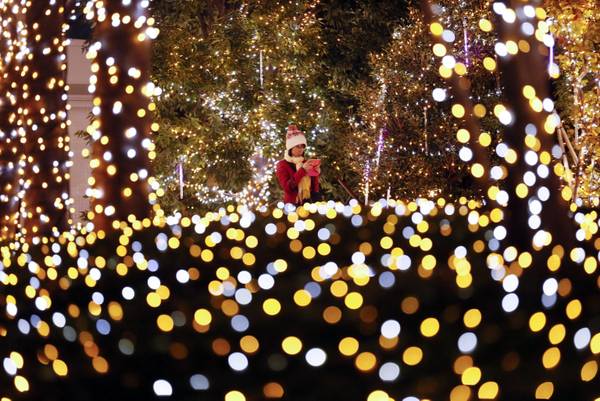 epa03469228 A woman checks her camera as she walks along Christmas illuminations in Tokyo, Japan, 13 November 2012. About 370,000 light-emitting diode (LED) bulbs powered by green electricity started to lighten a Tokyo complex area on Tuesday through the New Year.  EPA/KIMIMASA MAYAMA